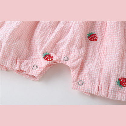 MyKids-USA® Baby Girl Plaid Graphic Strawberries Embroidery Snap Button Jumpsuit & Solid Tee Sets