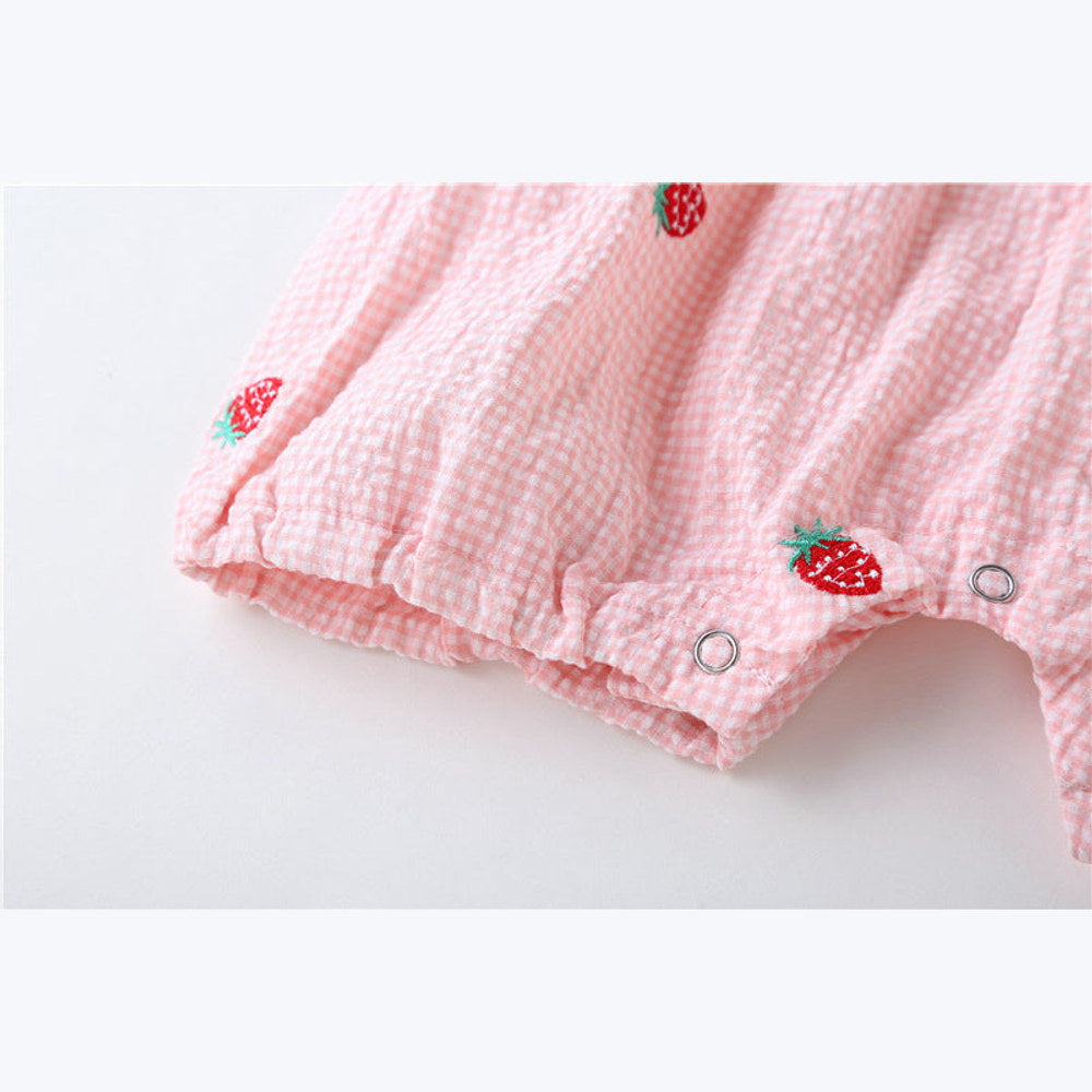 MyKids-USA® Baby Girl Plaid Graphic Strawberries Embroidery Snap Button Jumpsuit & Solid Tee Sets