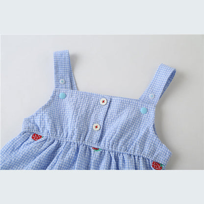 MyKids-USA® Baby Girl Plaid Graphic Strawberries Embroidery Snap Button Jumpsuit & Solid Tee Sets
