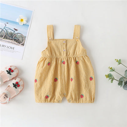 MyKids-USA® Baby Girl Plaid Graphic Strawberries Embroidery Snap Button Jumpsuit & Solid Tee Sets