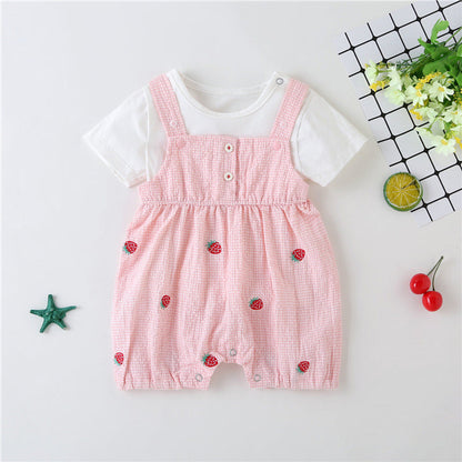 MyKids-USA® Baby Girl Plaid Graphic Strawberries Embroidery Snap Button Jumpsuit & Solid Tee Sets
