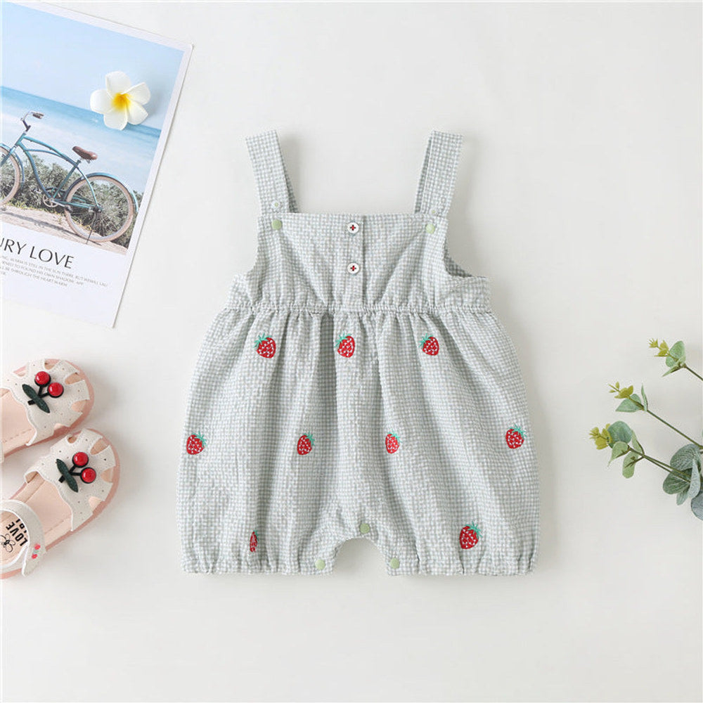 MyKids-USA® Baby Girl Plaid Graphic Strawberries Embroidery Snap Button Jumpsuit & Solid Tee Sets