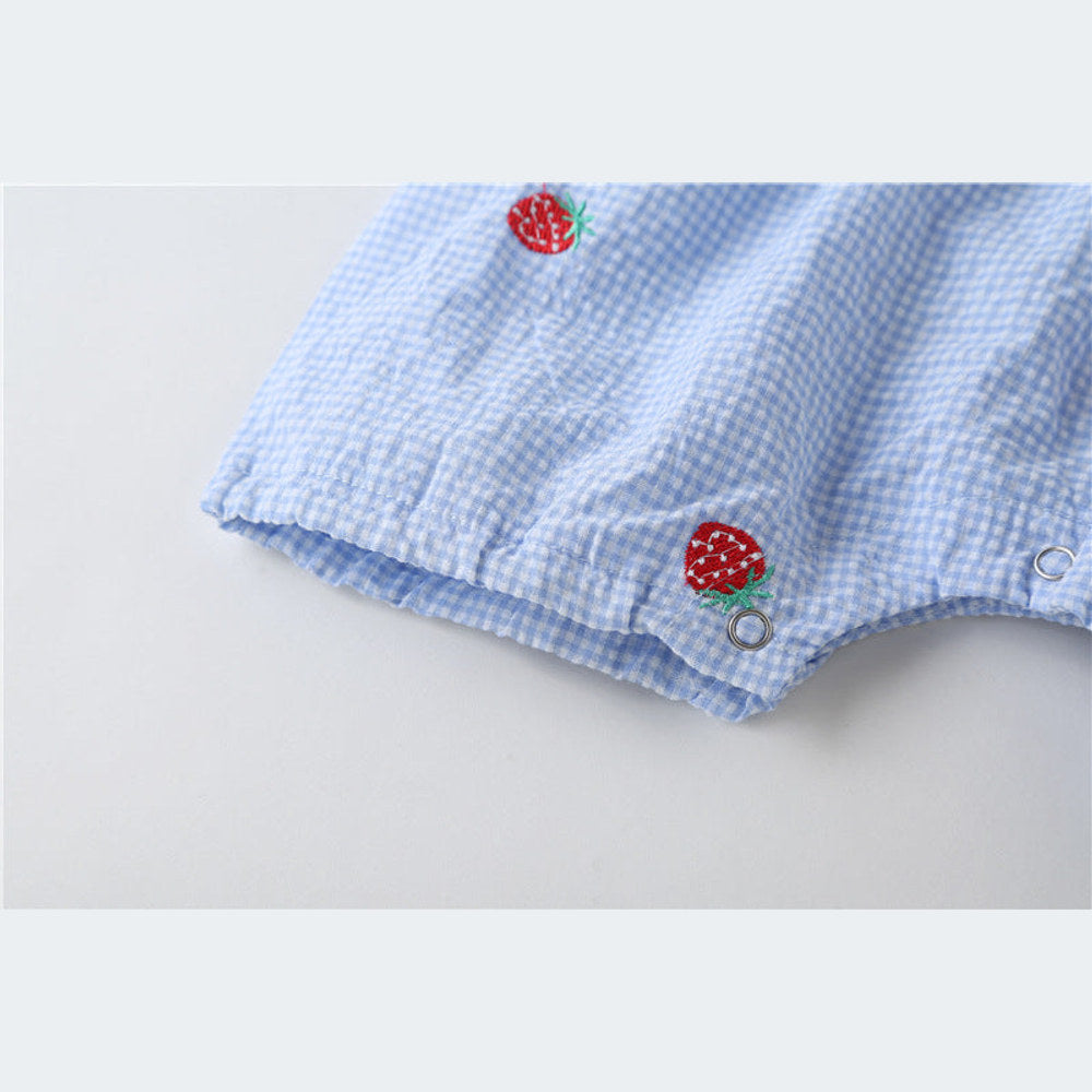 MyKids-USA® Baby Girl Plaid Graphic Strawberries Embroidery Snap Button Jumpsuit & Solid Tee Sets