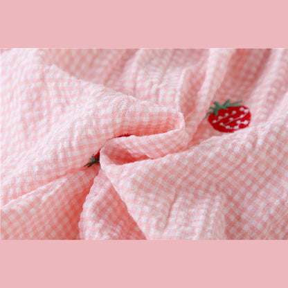 MyKids-USA® Baby Girl Plaid Graphic Strawberries Embroidery Snap Button Jumpsuit & Solid Tee Sets