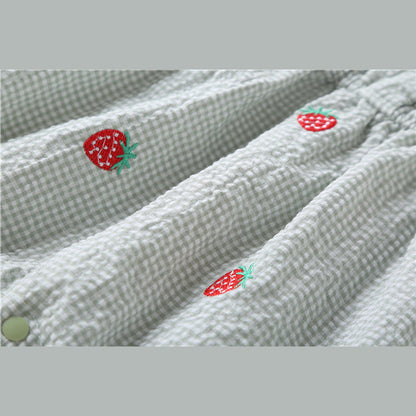 MyKids-USA® Baby Girl Plaid Graphic Strawberries Embroidery Snap Button Jumpsuit & Solid Tee Sets