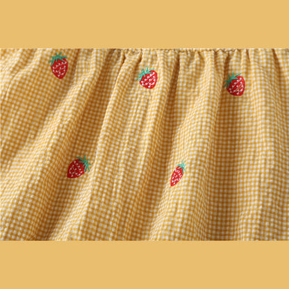 MyKids-USA® Baby Girl Plaid Graphic Strawberries Embroidery Snap Button Jumpsuit & Solid Tee Sets