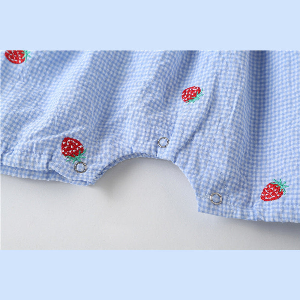 MyKids-USA® Baby Girl Plaid Graphic Strawberries Embroidery Snap Button Jumpsuit & Solid Tee Sets