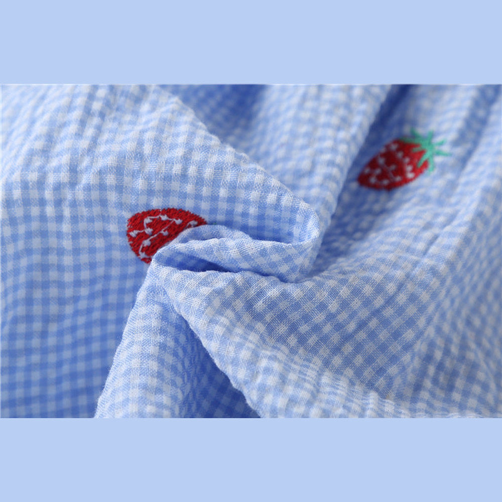 MyKids-USA® Baby Girl Plaid Graphic Strawberries Embroidery Snap Button Jumpsuit & Solid Tee Sets