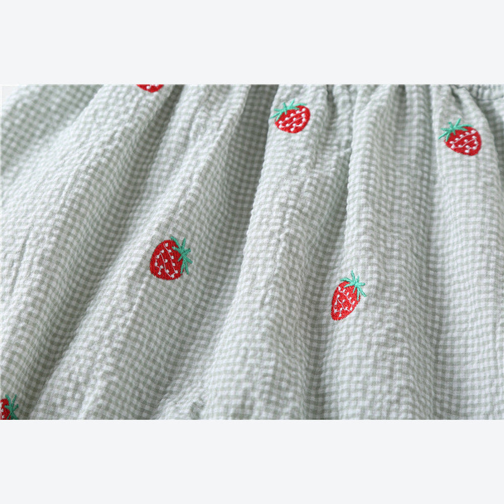 MyKids-USA® Baby Girl Plaid Graphic Strawberries Embroidery Snap Button Jumpsuit & Solid Tee Sets