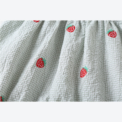 MyKids-USA® Baby Girl Plaid Graphic Strawberries Embroidery Snap Button Jumpsuit & Solid Tee Sets