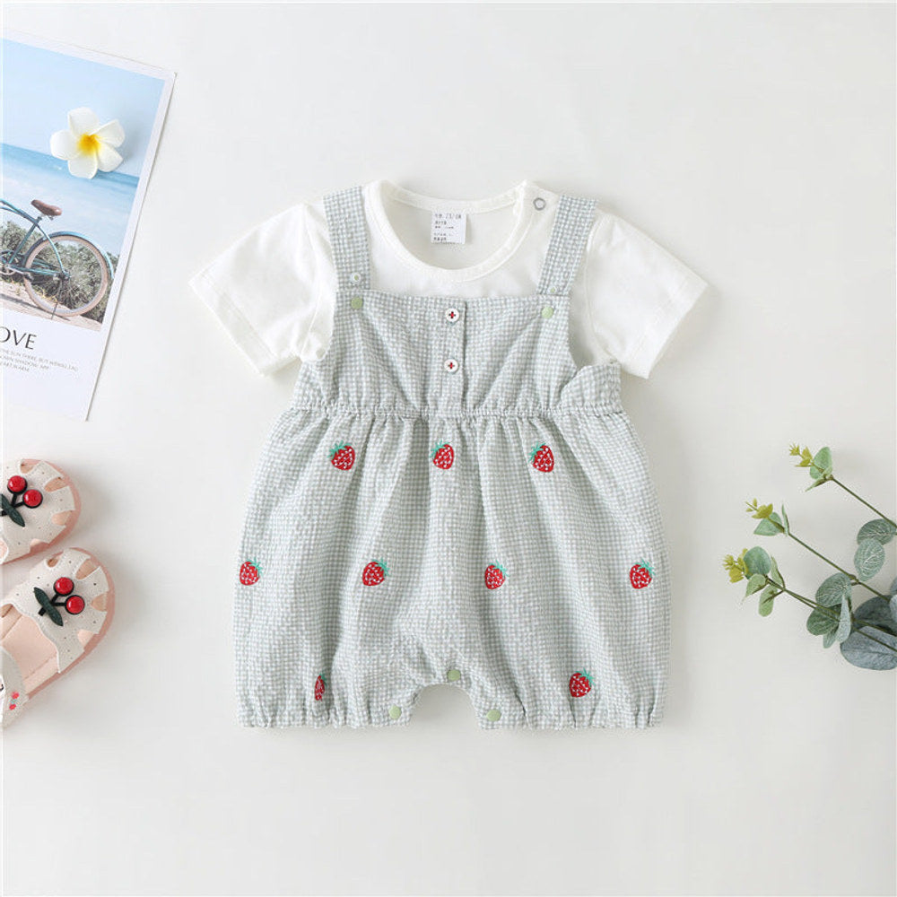 MyKids-USA® Baby Girl Plaid Graphic Strawberries Embroidery Snap Button Jumpsuit & Solid Tee Sets