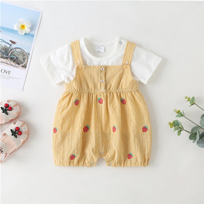 MyKids-USA® Baby Girl Plaid Graphic Strawberries Embroidery Snap Button Jumpsuit & Solid Tee Sets