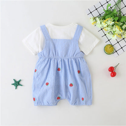 MyKids-USA® Baby Girl Plaid Graphic Strawberries Embroidery Snap Button Jumpsuit & Solid Tee Sets