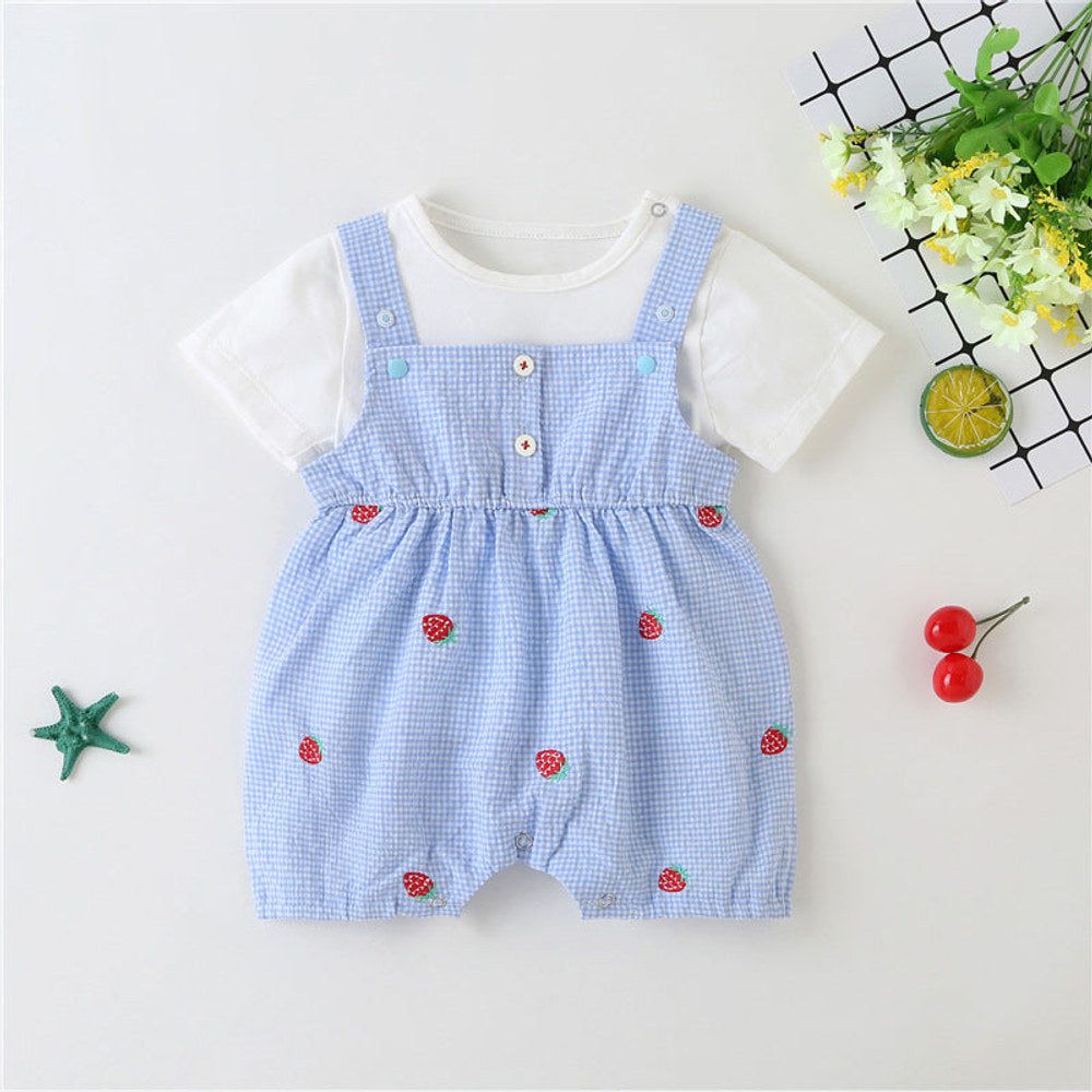 MyKids-USA® Baby Girl Plaid Graphic Strawberries Embroidery Snap Button Jumpsuit & Solid Tee Sets