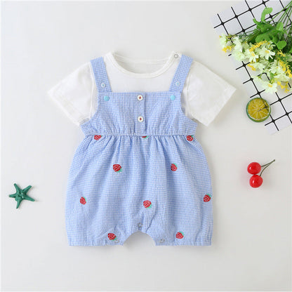 MyKids-USA® Baby Girl Plaid Graphic Strawberries Embroidery Snap Button Jumpsuit & Solid Tee Sets