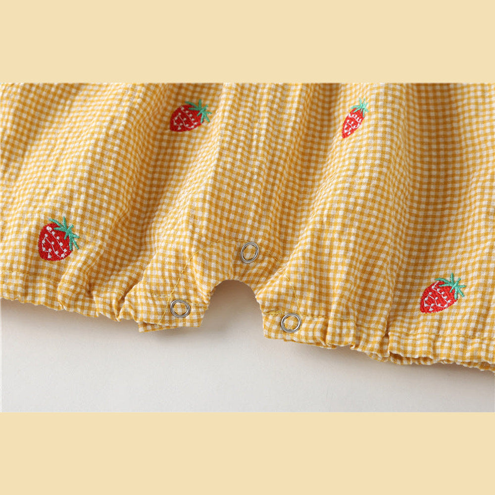 MyKids-USA® Baby Girl Plaid Graphic Strawberries Embroidery Snap Button Jumpsuit & Solid Tee Sets