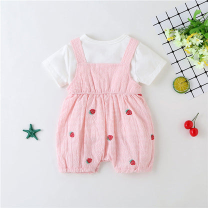 MyKids-USA® Baby Girl Plaid Graphic Strawberries Embroidery Snap Button Jumpsuit & Solid Tee Sets