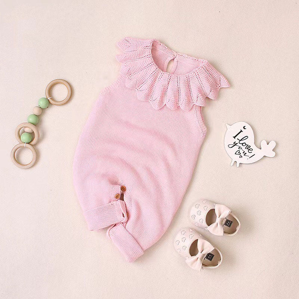 MyKids-USA® Baby Girl Ruffle Neck Solid Color Sleeveless Crotch Design Knitted Rompers