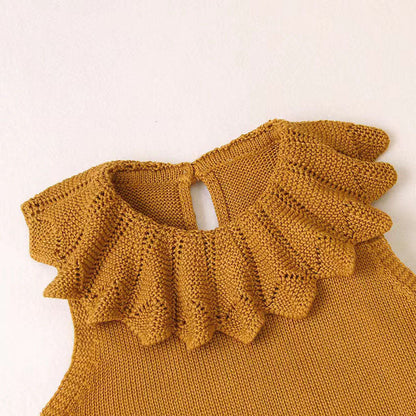 MyKids-USA® Baby Girl Ruffle Neck Solid Color Sleeveless Crotch Design Knitted Rompers