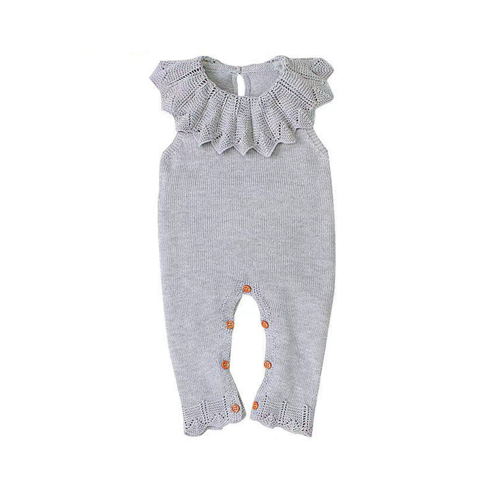 MyKids-USA® Baby Girl Ruffle Neck Solid Color Sleeveless Crotch Design Knitted Rompers