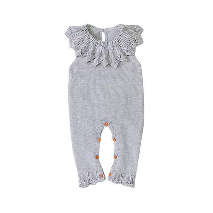 MyKids-USA® Baby Girl Ruffle Neck Solid Color Sleeveless Crotch Design Knitted Rompers