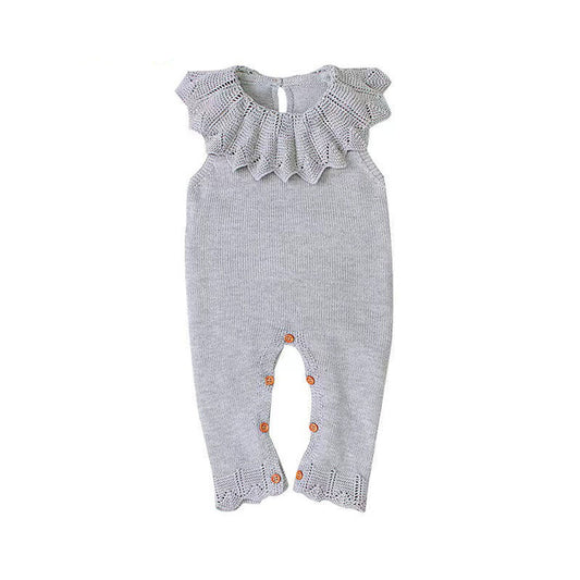 MyKids-USA® Baby Girl Ruffle Neck Solid Color Sleeveless Crotch Design Knitted Rompers