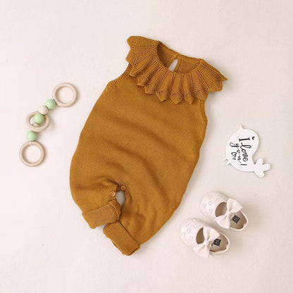 MyKids-USA® Baby Girl Ruffle Neck Solid Color Sleeveless Crotch Design Knitted Rompers