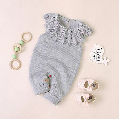 MyKids-USA® Baby Girl Ruffle Neck Solid Color Sleeveless Crotch Design Knitted Rompers