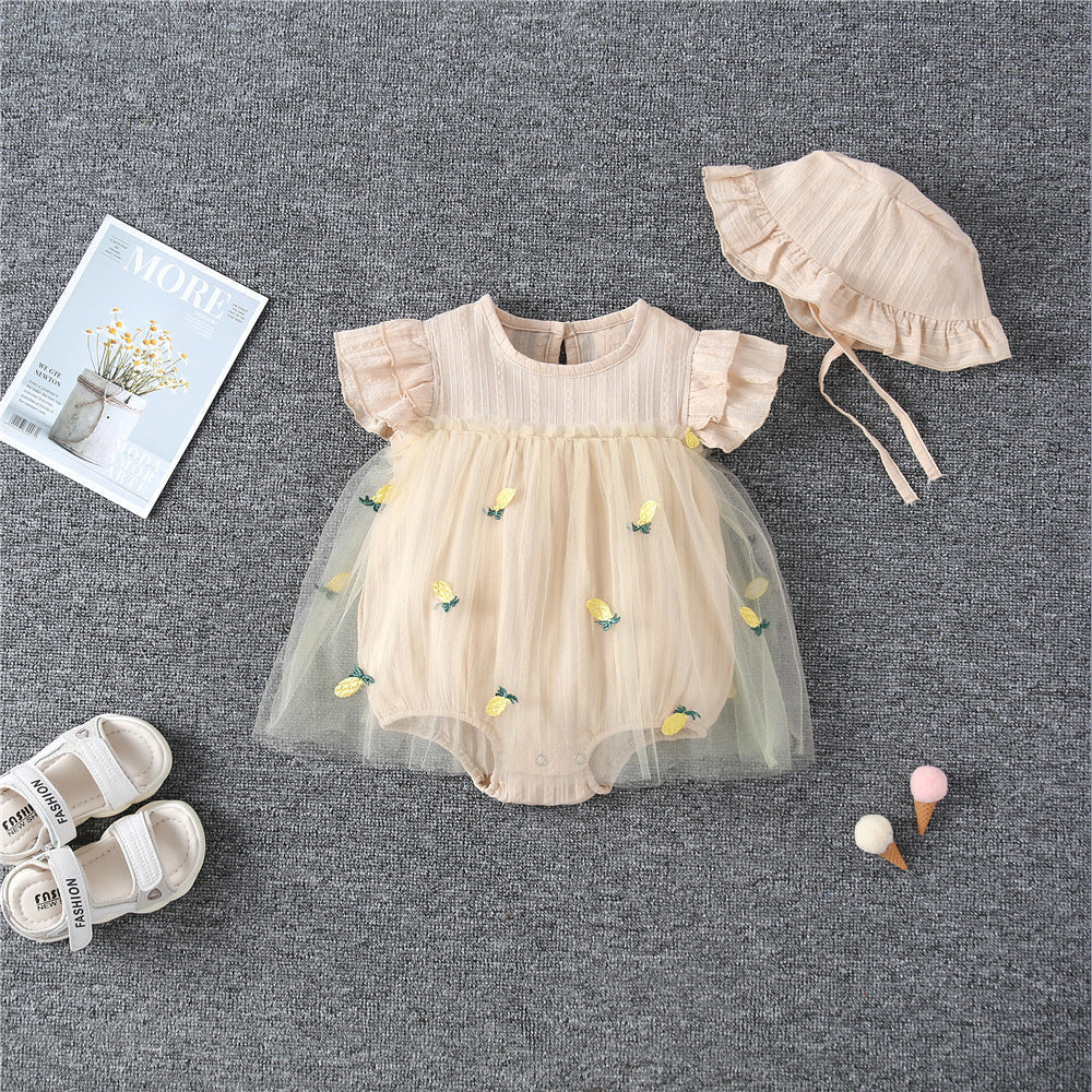 MyKids-USA® Baby Girl Solid Color Pineapple Embroidered Mesh Overlay Flounce Sleeves bodysuit Dress