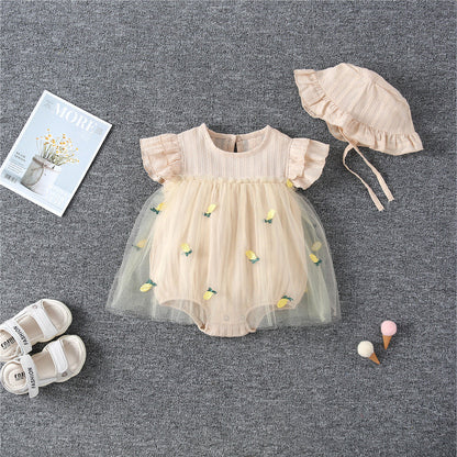 MyKids-USA® Baby Girl Solid Color Pineapple Embroidered Mesh Overlay Flounce Sleeves bodysuit Dress