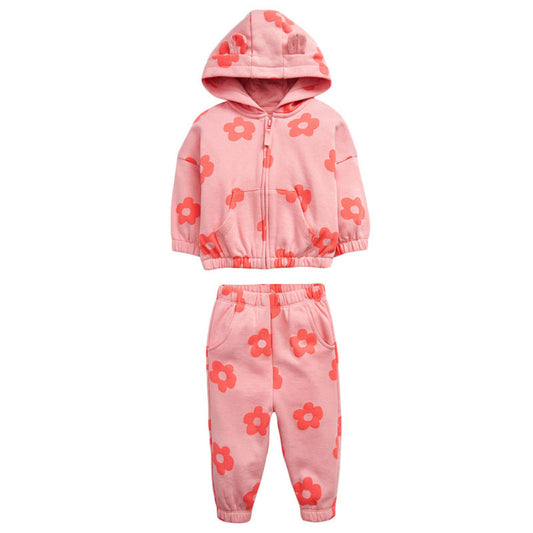 MyKids-USA® Baby Girl All Over Flower Graphic Zipper Hoodie Coat & Trousers Sets