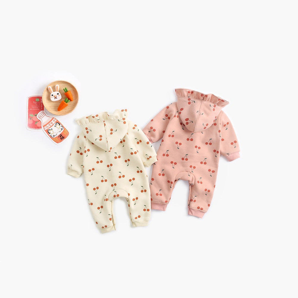 MyKids-USA® Baby Girl Allover Cherry Print Ruffle Design Single Breasted Romper