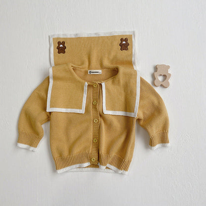 MyKids-USA® Baby Girl Bear Embroidery Graphic Single Breasted Design Lapel Cardigan
