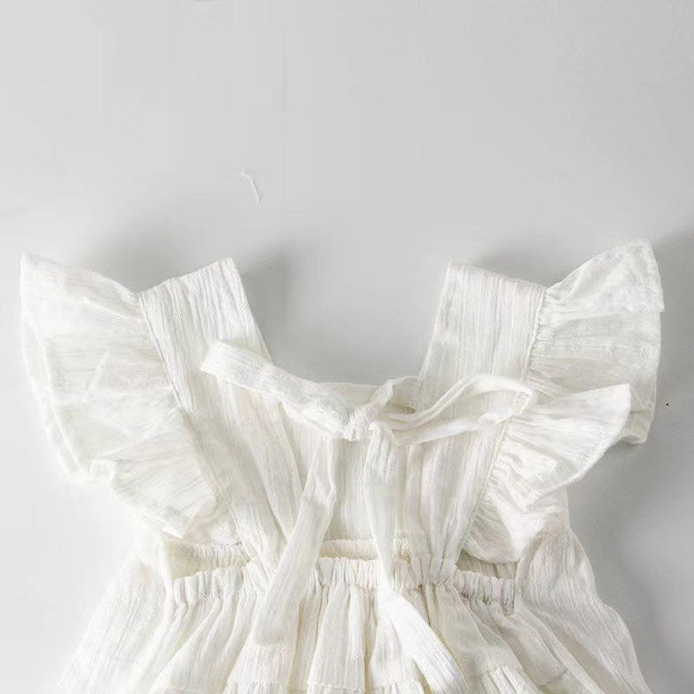 MyKids-USA® Baby Girl Belted Bow Tie Design Mesh Square Neck Solid White bodysuit Dress