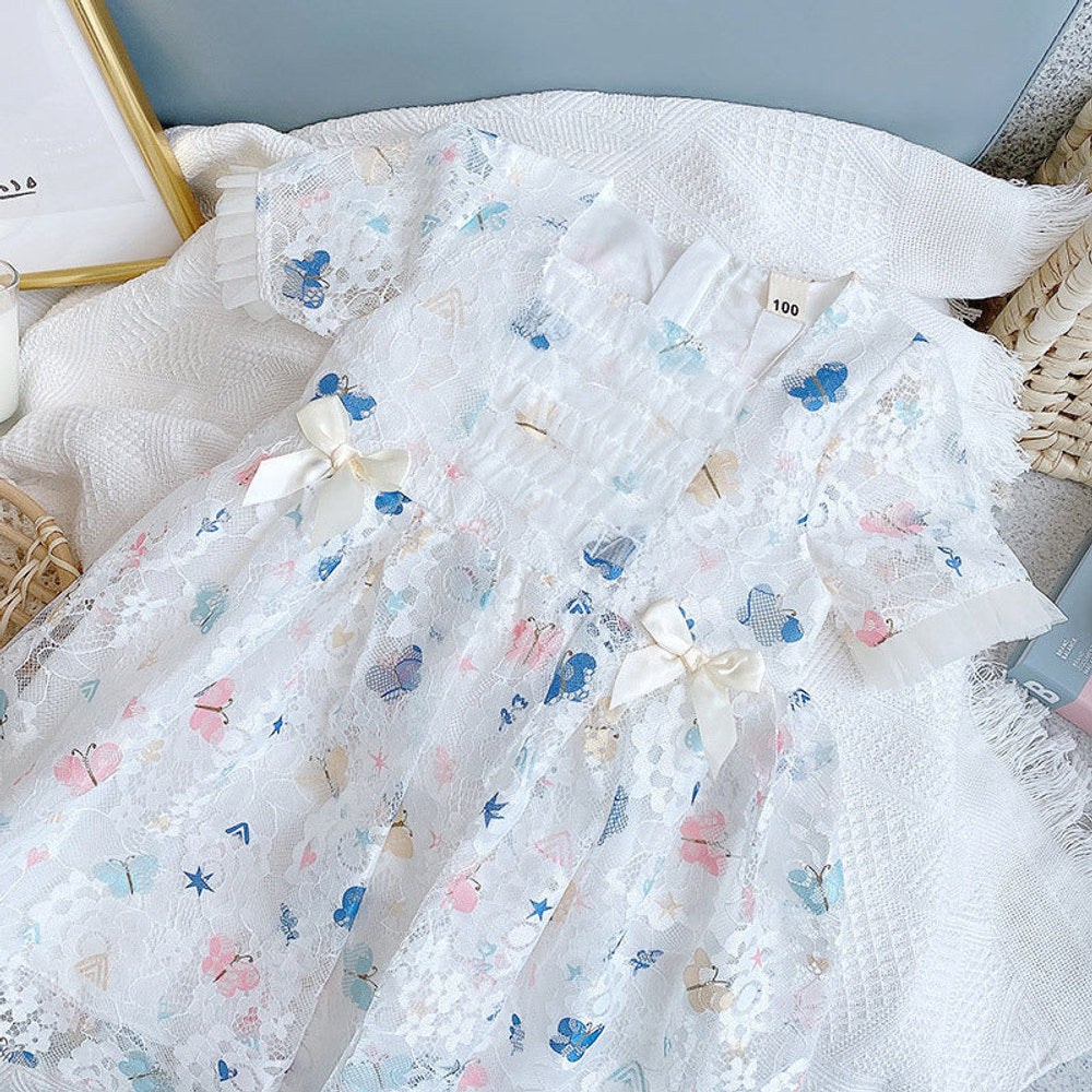 MyKids-USA® Baby Girl Butterfly Print Lace Patchwork Design Square-Collar Dress