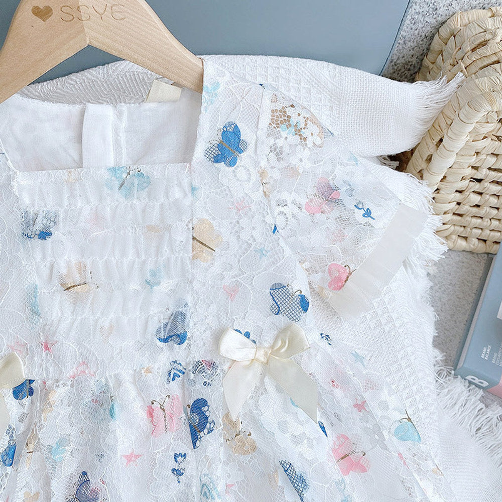 MyKids-USA® Baby Girl Butterfly Print Lace Patchwork Design Square-Collar Dress