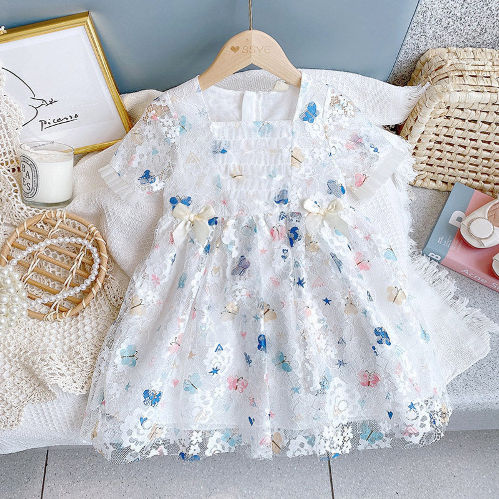 MyKids-USA® Baby Girl Butterfly Print Lace Patchwork Design Square-Collar Dress