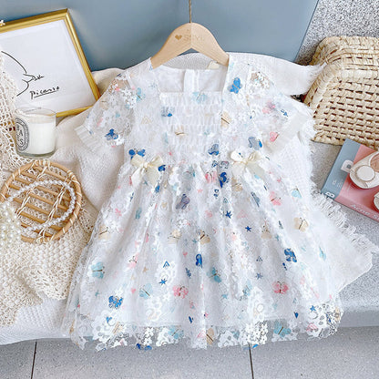 MyKids-USA® Baby Girl Butterfly Print Lace Patchwork Design Square-Collar Dress