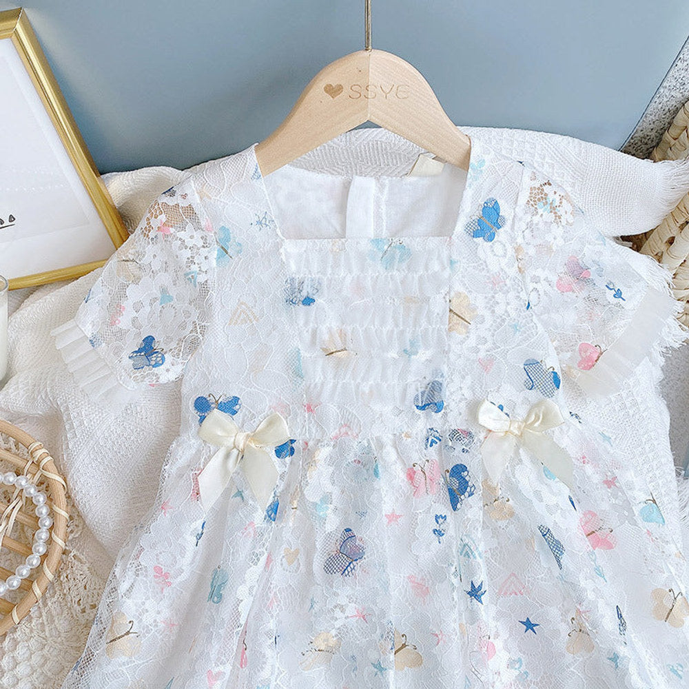 MyKids-USA® Baby Girl Butterfly Print Lace Patchwork Design Square-Collar Dress