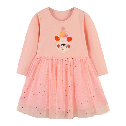 MyKids-USA® Baby Girl Cartoon Animal Patched Pattern Mesh Overlay Design Dress
