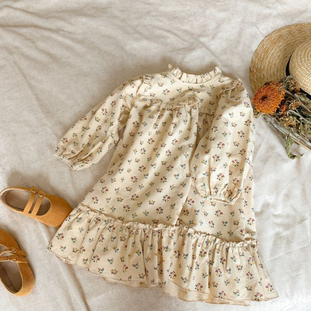 MyKids-USA® Baby Girls Floral Print Ruffle Design O-Neck Pull Sleeved Dress