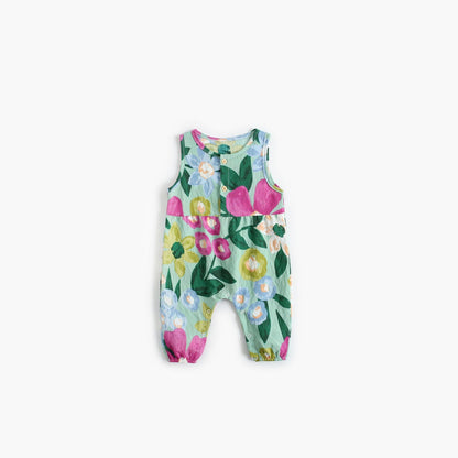 Baby Girl Floral Print Pattern Buttoned Design Sleeveless Rompers