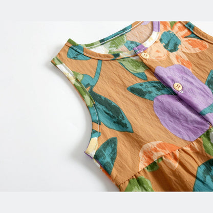 Baby Girl Floral Print Pattern Buttoned Design Sleeveless Rompers