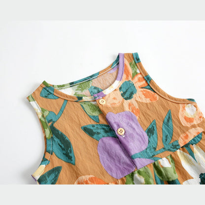 Baby Girl Floral Print Pattern Buttoned Design Sleeveless Rompers
