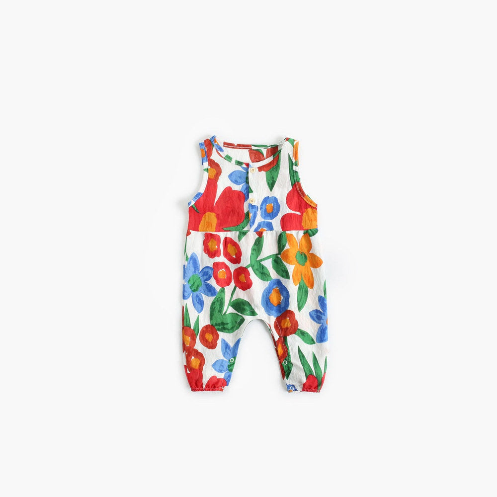 Baby Girl Floral Print Pattern Buttoned Design Sleeveless Rompers