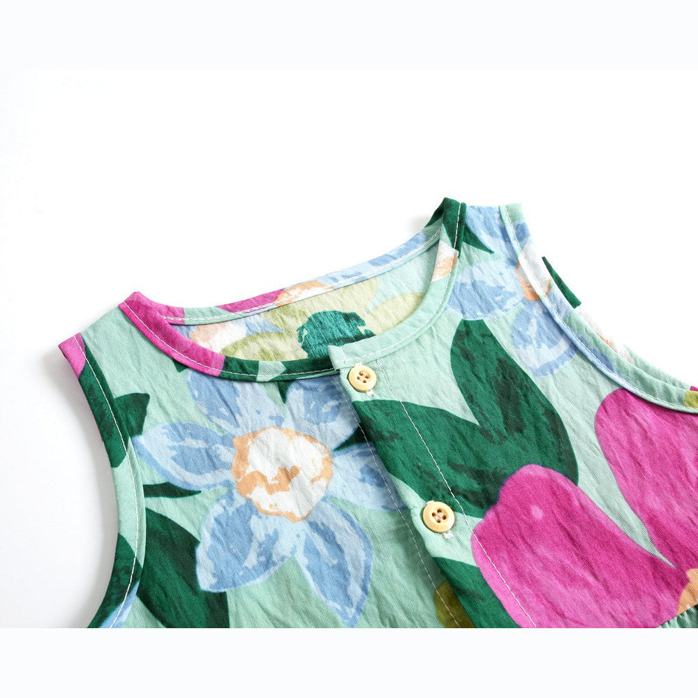 Baby Girl Floral Print Pattern Buttoned Design Sleeveless Rompers
