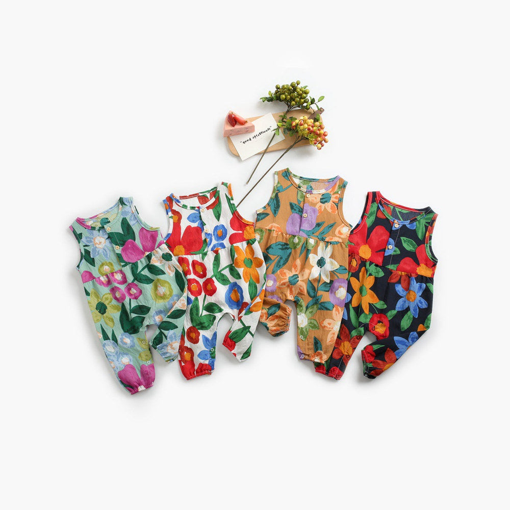 Baby Girl Floral Print Pattern Buttoned Design Sleeveless Rompers
