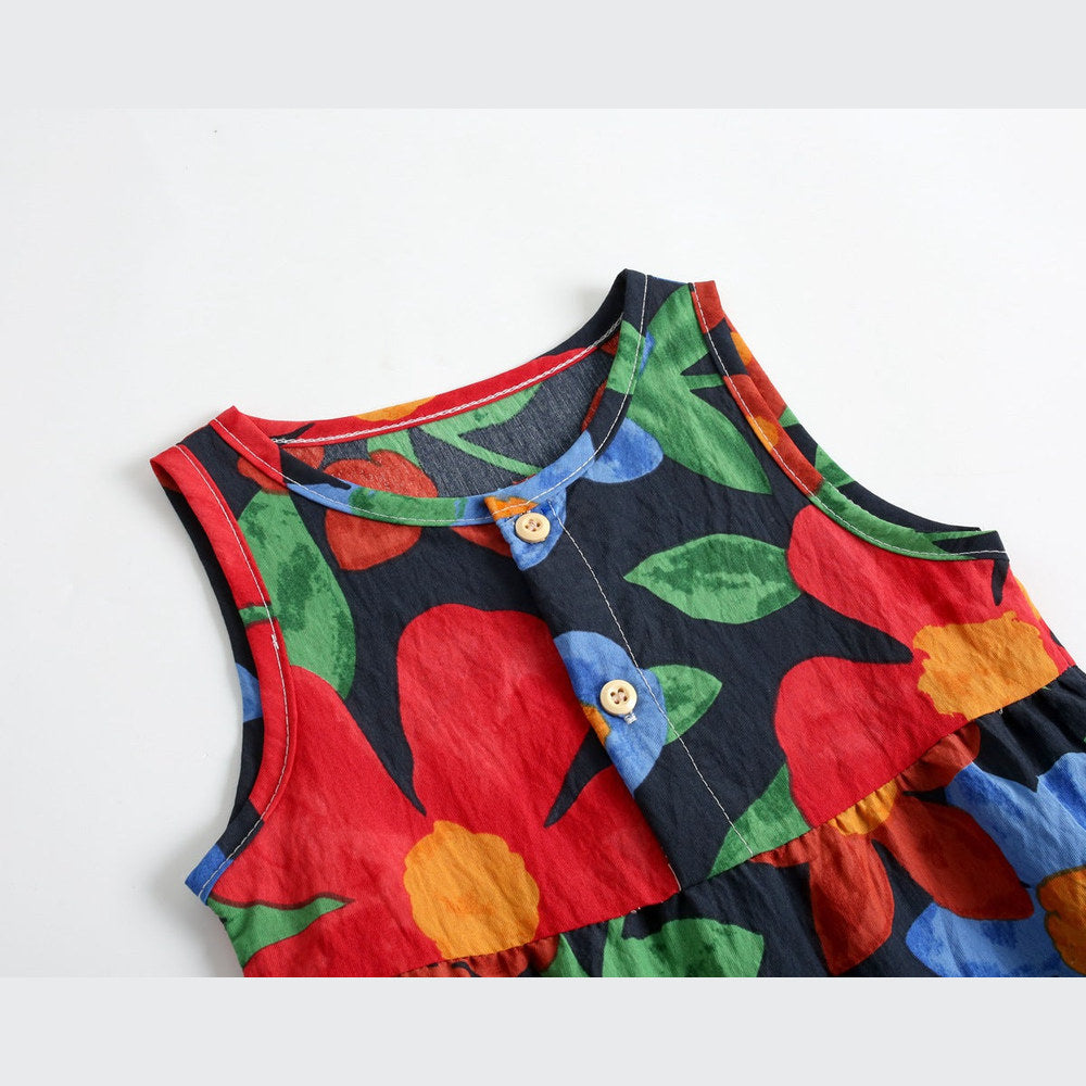 Baby Girl Floral Print Pattern Buttoned Design Sleeveless Rompers