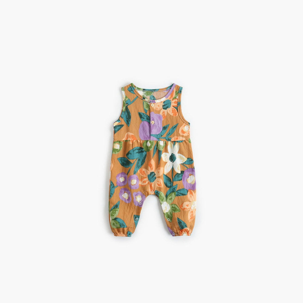 Baby Girl Floral Print Pattern Buttoned Design Sleeveless Rompers