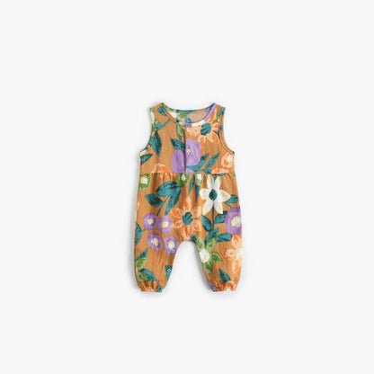 Baby Girl Floral Print Pattern Buttoned Design Sleeveless Rompers